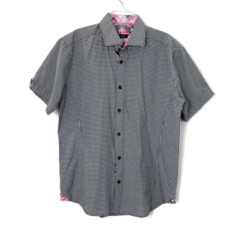 BeSpoke men’s gingham print buttoned front short sleeve shirt